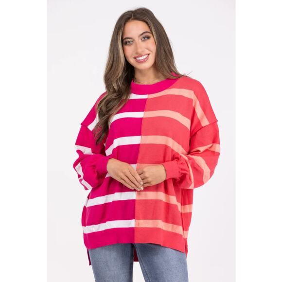 Andree Pink Two Tone Stripe Long Sleeve Crewneck Hi Lo Sweater Womens 2X - Picture 1 of 8